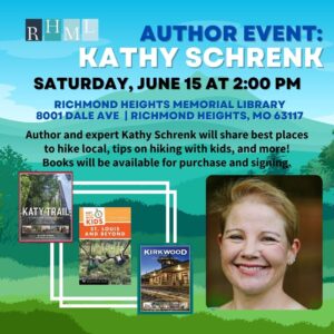 Promo for Kathy Schrenk, local hiking and hiking with kids, Saturday June 15 at 2 pm